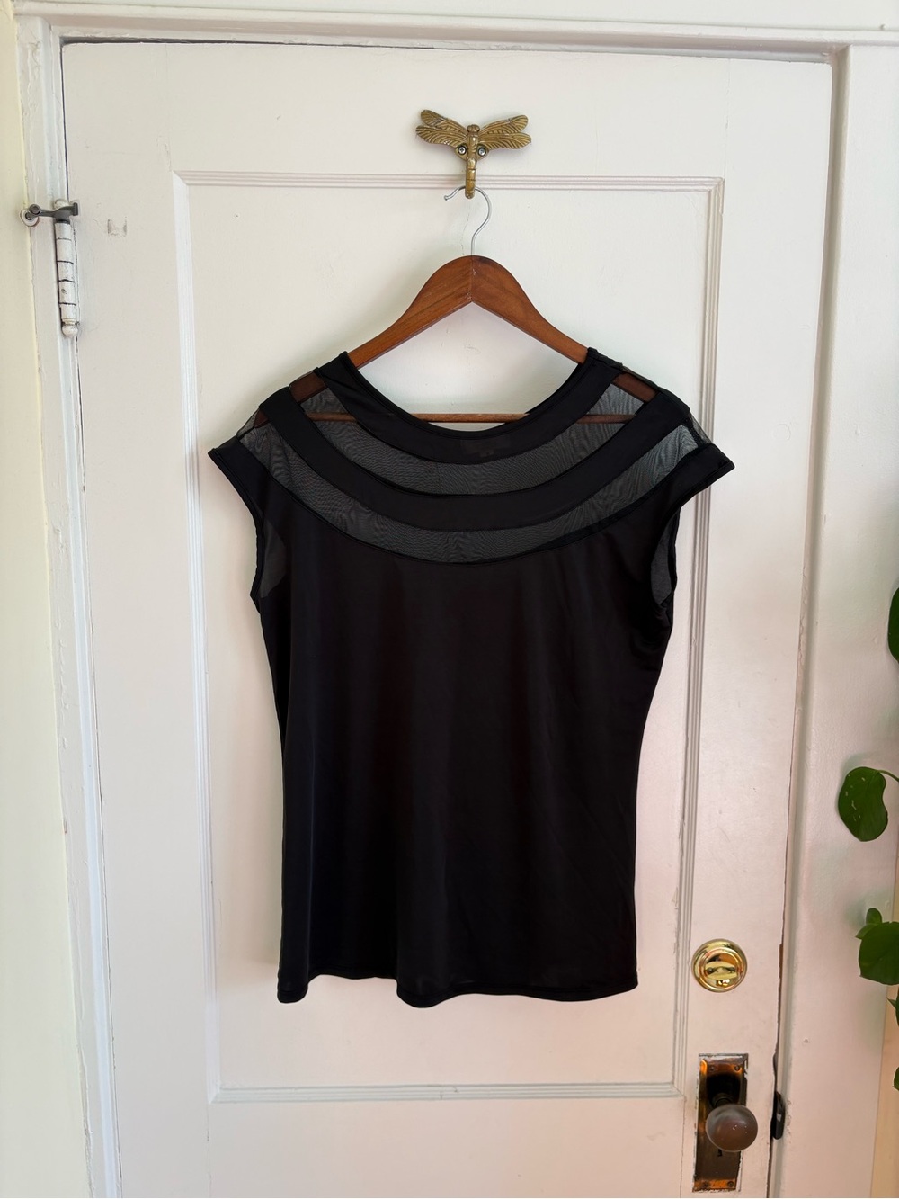 Black Sheer Yoke Cap Sleeve Blouse - Medium
